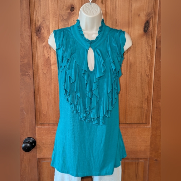 Fever Turquoise Ruffle‎ Front Sleeveless Top - Picture 2 of 6